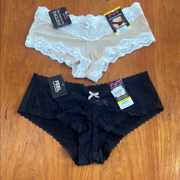 NWT Maidenform 2-Pack Hipster Panties! Black Lace Cheeky & Tan Satin/Cream Lace. - Picture 1 of 16